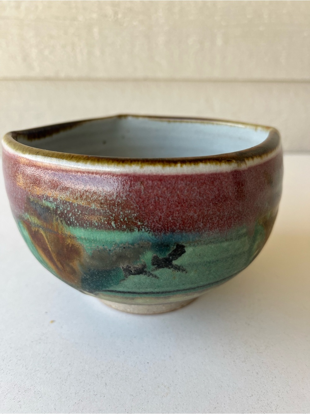 Elmer Taylor Handcrafted Pottery Bowl Stoneware Signed Purple Green